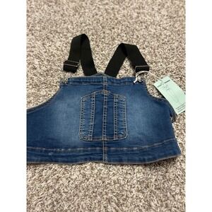 Love Trends Denim Dungaree Cropped Top Bib Overall Straps Blue Medium Wash Small
